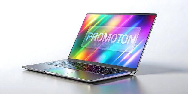 Photo modern holographic laptop on glossy white background with floating promotion banner futuristic pho