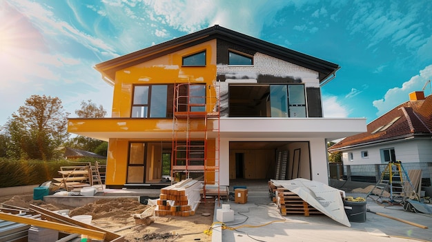 Modern Home Under Construction With Colorful Exterior Near Trees On A Sunny Day