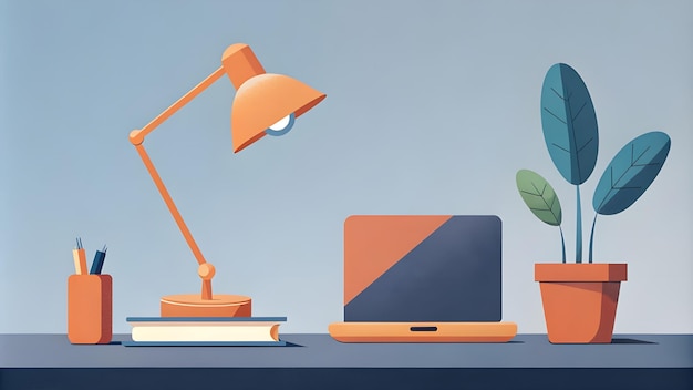 Photo modern home desk work place with laptop desk lamp and plant background concept