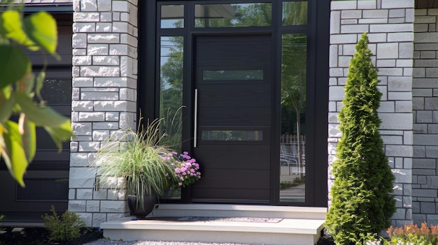 A modern home entryway welcomes with sleek design and vibrant plants