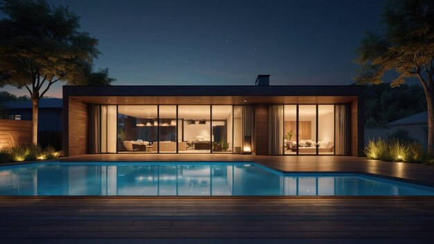 Modern Home Exterior with Pool at Twilight