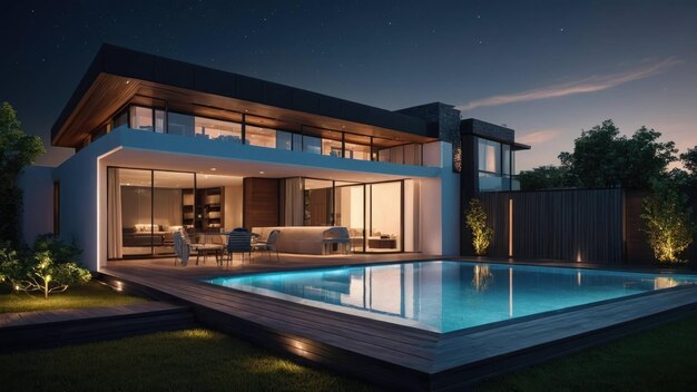 Modern Home Exterior with Pool at Twilight