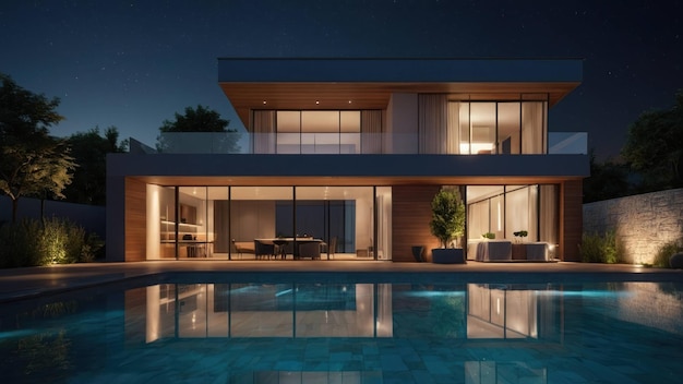 Modern Home Exterior with Pool at Twilight