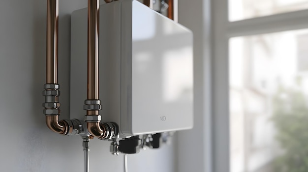 Modern home gas boiler water heater on the wall copper pipes and white walls interior of a modern Scandinavian house