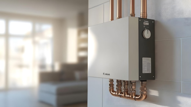 Modern home gas boiler water heater on the wall copper pipes and white walls interior of a modern Scandinavian house