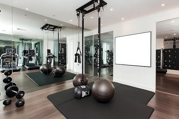 Modern Home Gym with Exercise Equipment and Large Mirror