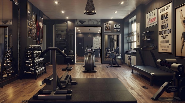 Modern home gym with exercise equipment and mirrors for a stylish and motivating workout space aig