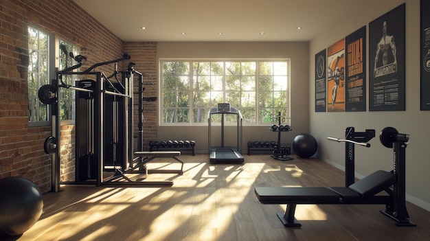 Modern Home Gym with Treadmill Weight Rack and Bench