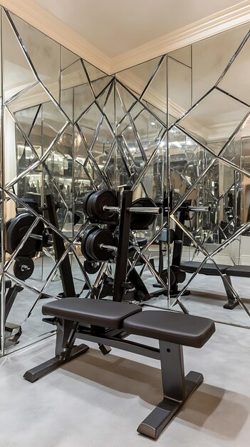 Modern Home Gym with Weight Bench and Dumbbells in a Room with Mirrored Walls