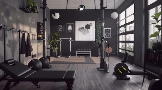 Photo modern home gym with weightlifting equipment and minimalist decor