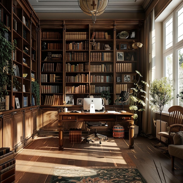 Modern home interior with comfortable study room a desk with a chair and a window in the background