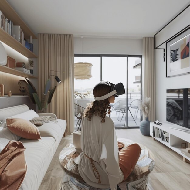 Modern Home Interior A Woman Experience with Virtual Reality Headset on a bench