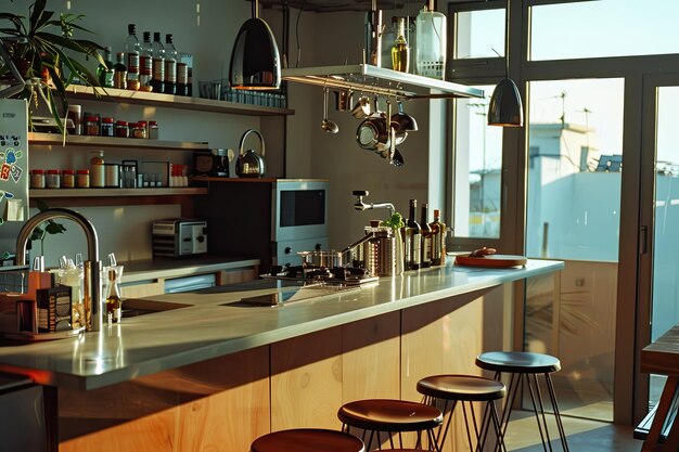 Photo modern home kitchen interior with bar island and cooking space near window