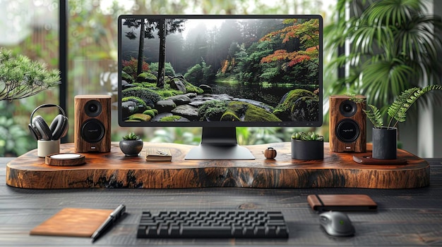 Modern home office desk setup with computer speakers and lush greenery offering a tranquil workspace