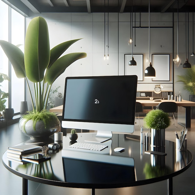 Photo modern home office desk with green plant for naturelovers in stock photo concept