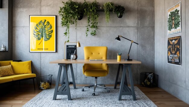 Photo a modern home office featuring yellow accents and plenty of greenery