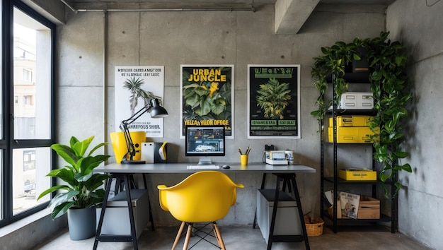 Photo a modern home office featuring yellow accents and plenty of greenery