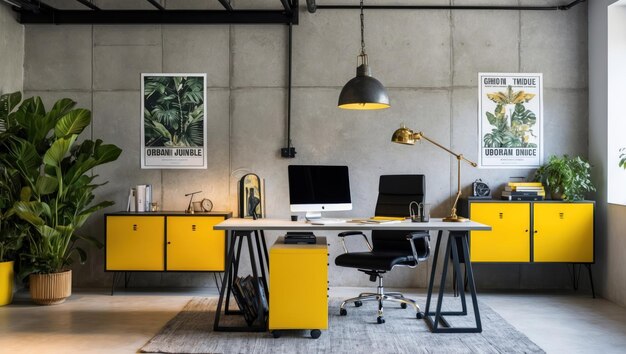 Photo a modern home office featuring yellow accents and plenty of greenery