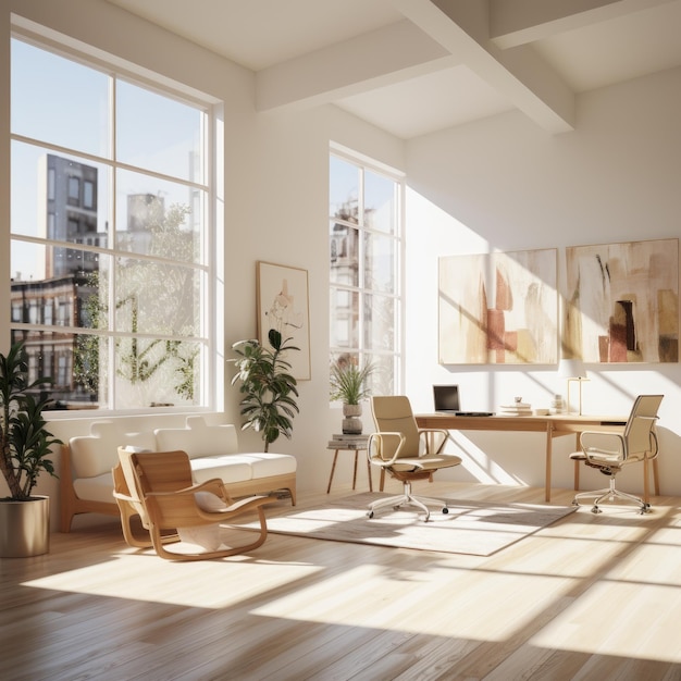 Modern home office interior design with large windows wooden furniture and a large desk with a laptop on it