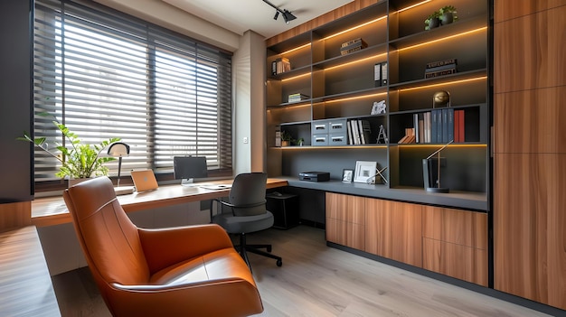 Modern Home Office Interior Design with Wooden Cabinets and a Desk