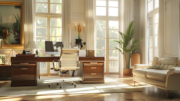 Modern home office interior with large windows and a wooden desk