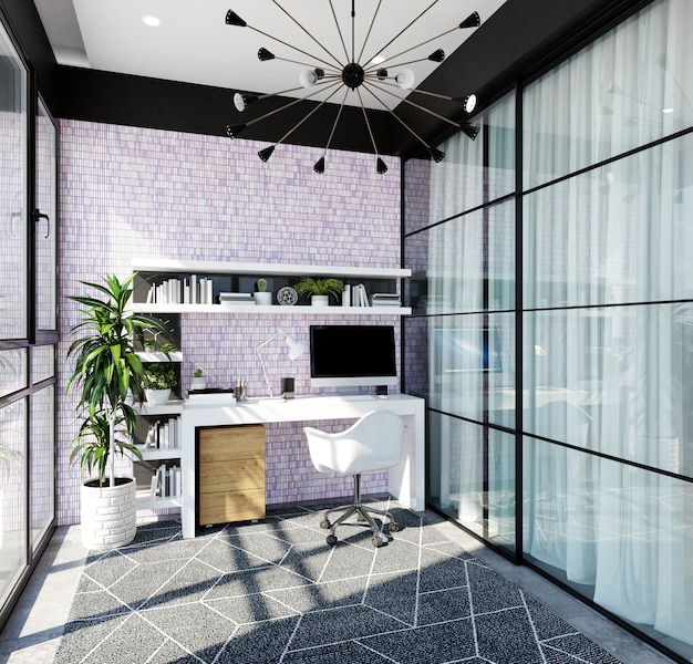 Photo modern home office interior with a purple mosaic on the wall. 3d rendering