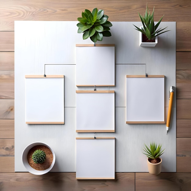 Photo modern home office mockup with blank picture frames plants and a pencil on a white desk