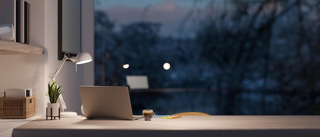 Modern home office room with laptop computer and copy space 3d render