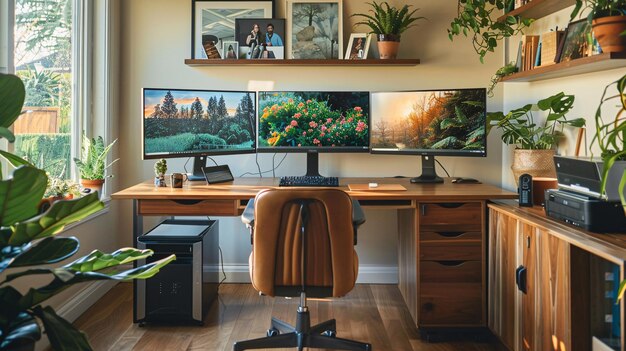 A modern home office setup for remote work with a large desk multiple screens comfortable chair