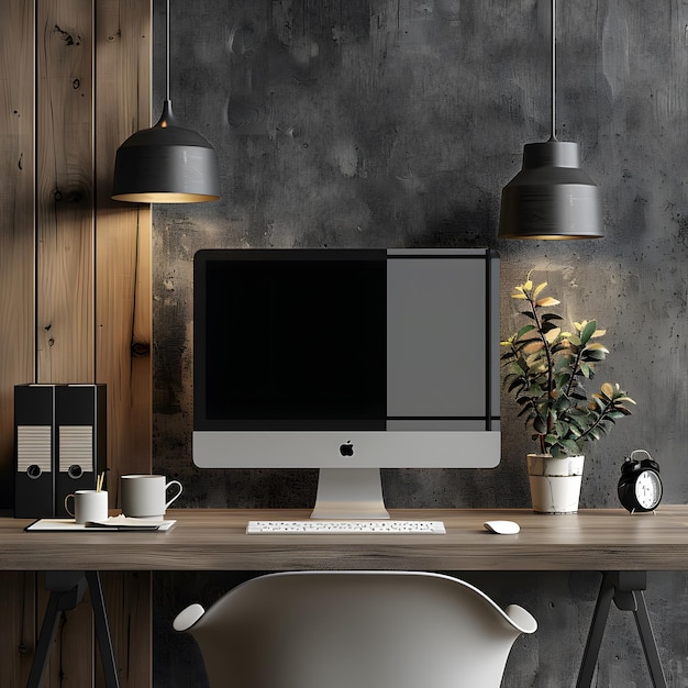 Photo modern home office setup with a desktop computer on a wooden desk surrounded by potted plants and minimalistic decor featuring a blank screen for customization