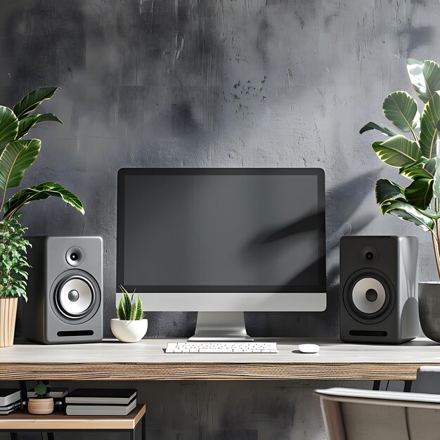 Photo modern home office setup with a desktop computer on a wooden desk surrounded by potted plants and minimalistic decor featuring a blank screen for customization