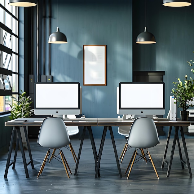 Photo modern home office setup with a desktop computer on a wooden desk surrounded by potted plants and minimalistic decor featuring a blank screen for customization