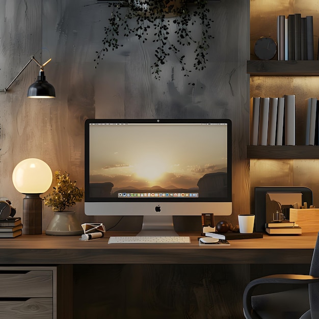 Modern home office setup with a desktop computer on a wooden desk surrounded by potted plants and minimalistic decor featuring a blank screen for customization