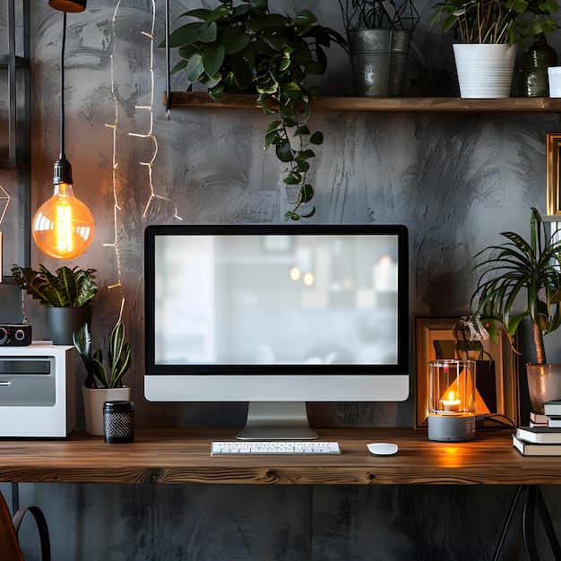 Photo modern home office setup with a desktop computer on a wooden desk surrounded by potted plants and minimalistic decor featuring a blank screen for customization