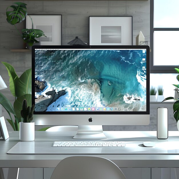 Photo modern home office setup with a desktop computer on a wooden desk surrounded by potted plants and minimalistic decor featuring a blank screen for customization