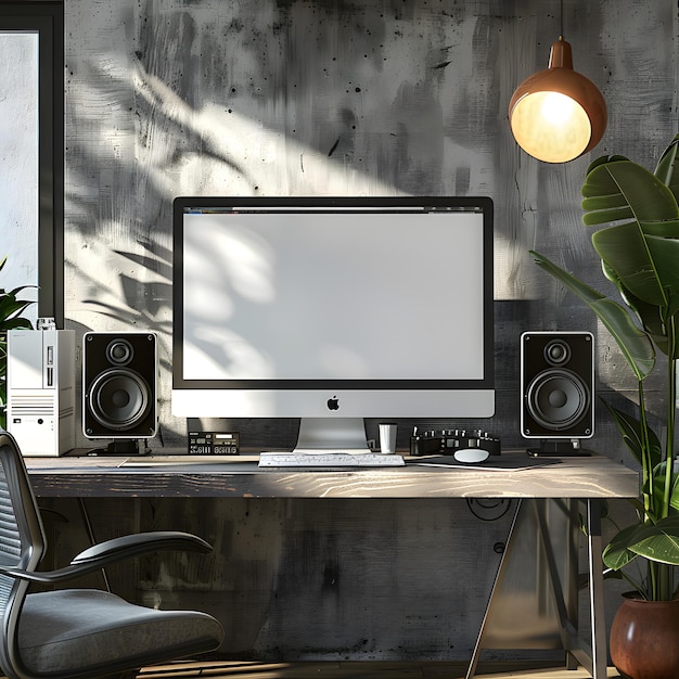 Photo modern home office setup with a desktop computer on a wooden desk surrounded by potted plants and minimalistic decor featuring a blank screen for customization