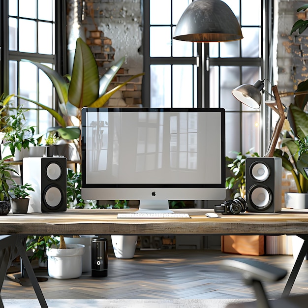 Photo modern home office setup with a desktop computer on a wooden desk surrounded by potted plants and minimalistic decor featuring a blank screen for customization