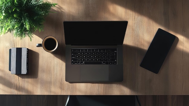 Photo a modern home office setup with a laptop coffee and internet router on a wooden table top view