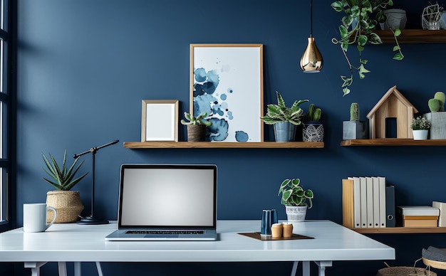 Modern home office setup with laptop plants and decor on a minimalist desk against a navy blue wall