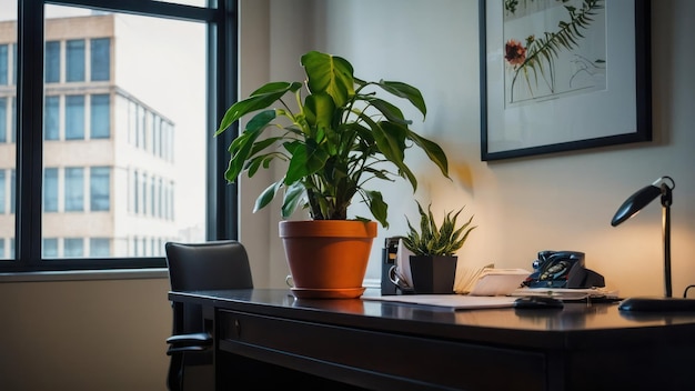 Modern home office setup with laptops and indoor plants