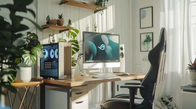 Photo a modern home office setup with a sleek computer and several plants bathed in natural light streaming through large windows