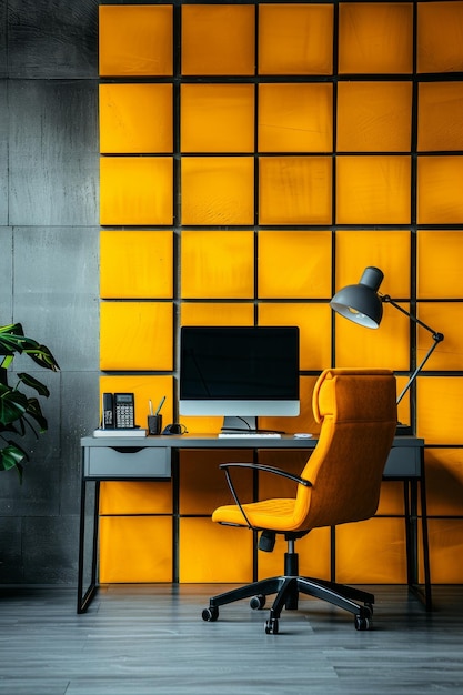 A modern home office with a bold yellow accent wall a black desk and a yellow office chair