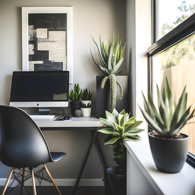 A modern home office with clean lines, neutral colors ,natural elements concept design