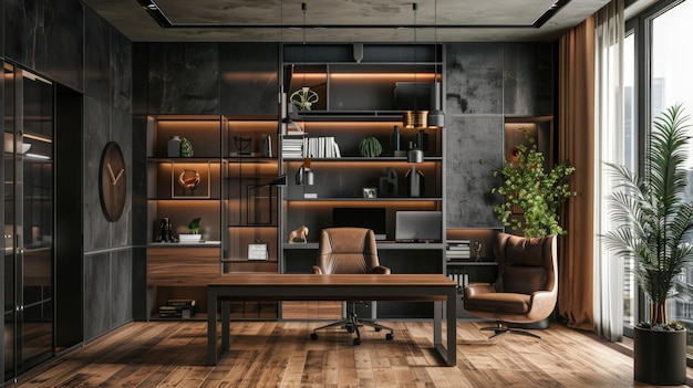 A modern home office with dark grey walls wooden floors and a large sleek desk The room features builtin shelves a comfortable leather chair and a large window with a view