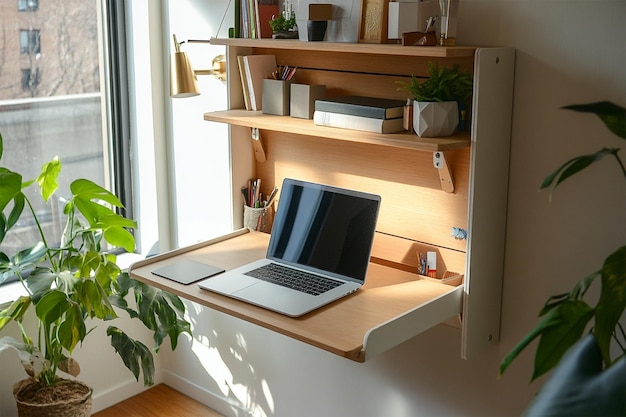 Photo modern home office with foldable wallmounted desk and laptop by a sunny window