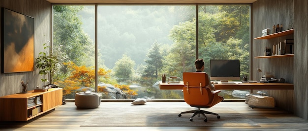 Photo modern home office with forest view and wooden desk