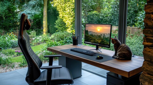 Photo modern home office with garden view and cat