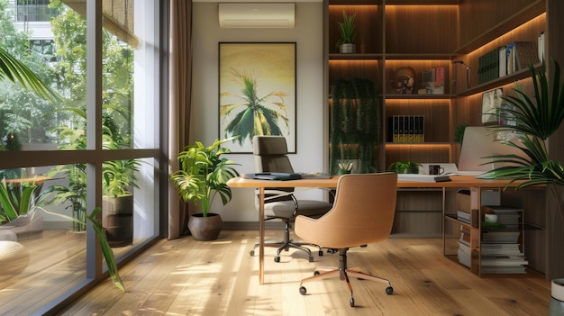 Modern home office with large window facing lush courtyard sunlight illuminates desk chairs