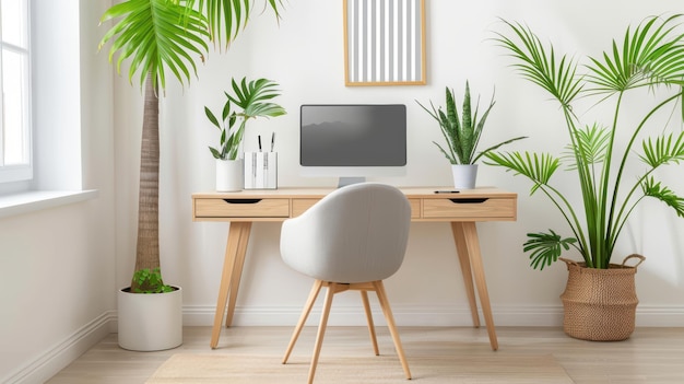 Modern Home Office with Minimalist Wooden Desk and Green Indoor Plants in Bright Natural Light