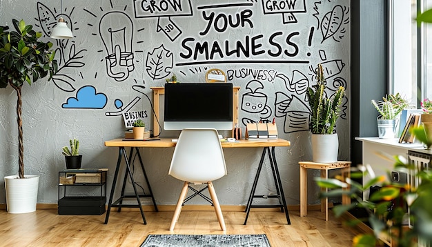 Photo modern home office with motivational business growth wall doodles